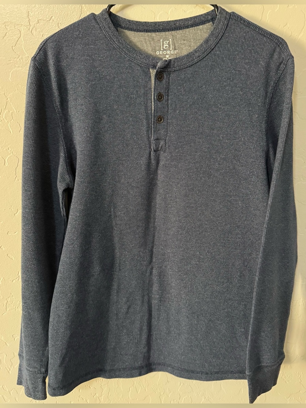 George Men’s Waffle Knit Henley Shirt Medium Blue Gray Long Sleeve Casual